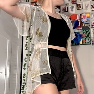 Cream transparent overlap shawl with orange flowery design🍨🧡